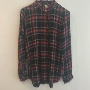 Long sleeve plaid blouse with ruffle neck and sleeves